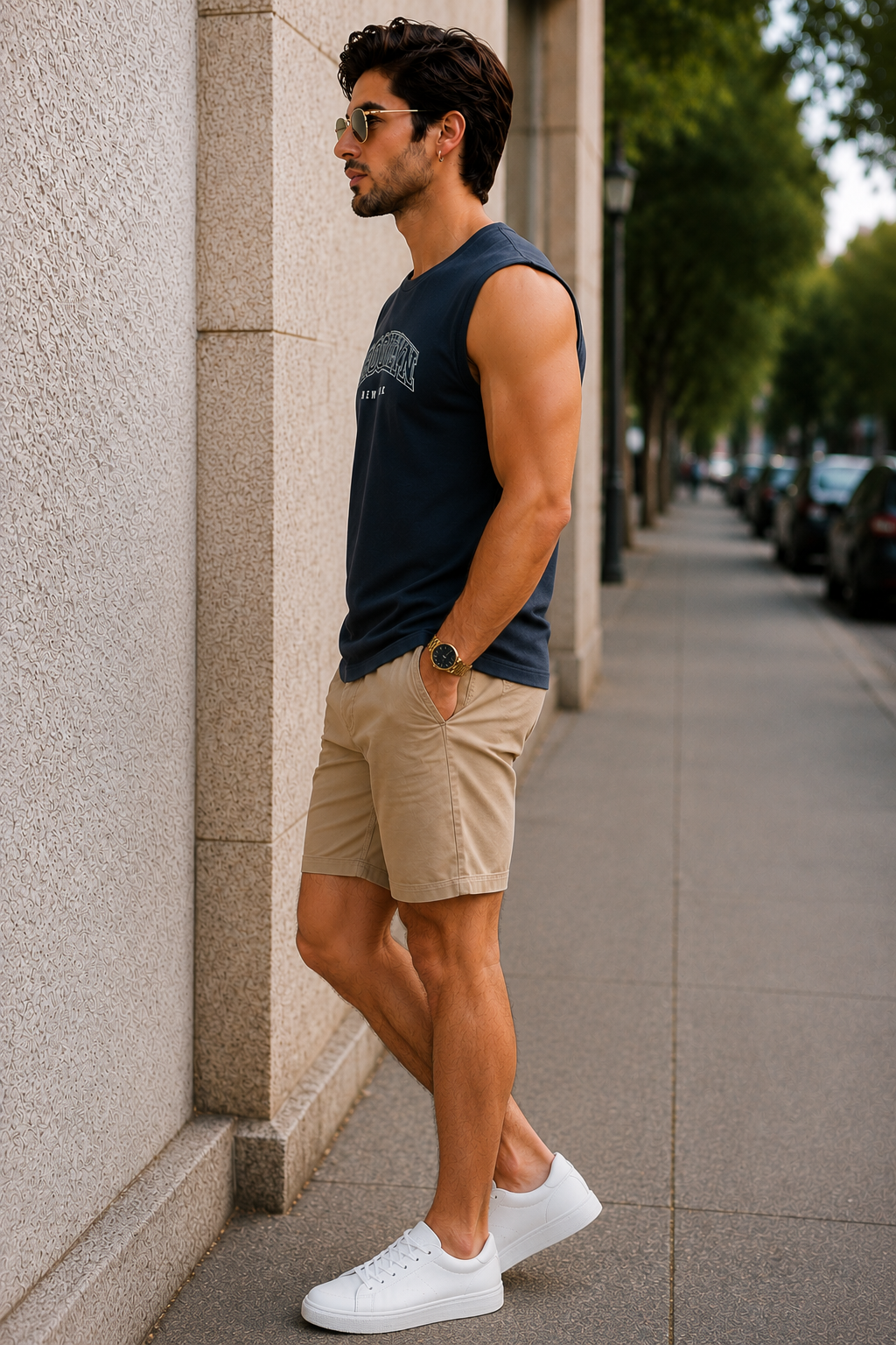 Men’s Navy Blue Brooklyn Printed Sleeveless Tank Top with Beige Shorts