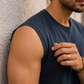 Men’s Navy Blue Brooklyn Printed Sleeveless Tank Top with Beige Shorts