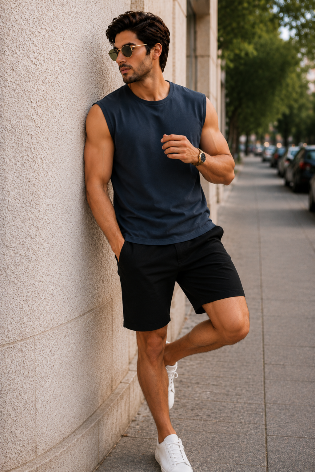 Men’s Navy Blue Sleeveless Tank Top with Black Shorts