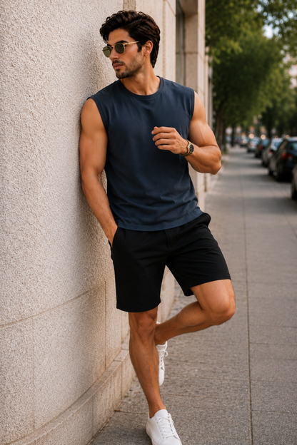 Men’s Navy Blue Sleeveless Tank Top with Black Shorts
