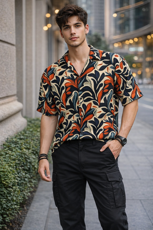 Men’s Multicolor Botanical Print Camp Collar Shirt