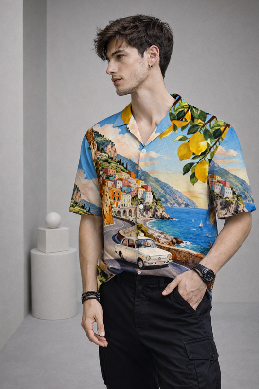 Men’s Multicolor Scenic Print Camp Collar Shirt