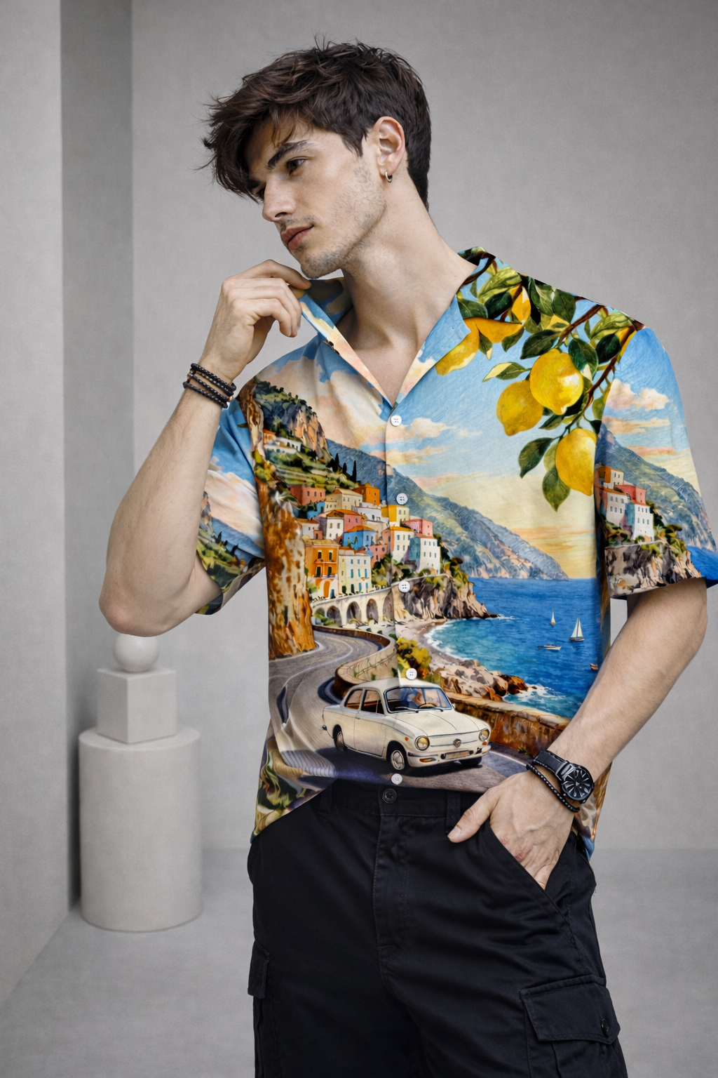 Men’s Multicolor Scenic Print Camp Collar Shirt