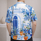 Men’s Blue Tropical Print Camp Collar Shirt