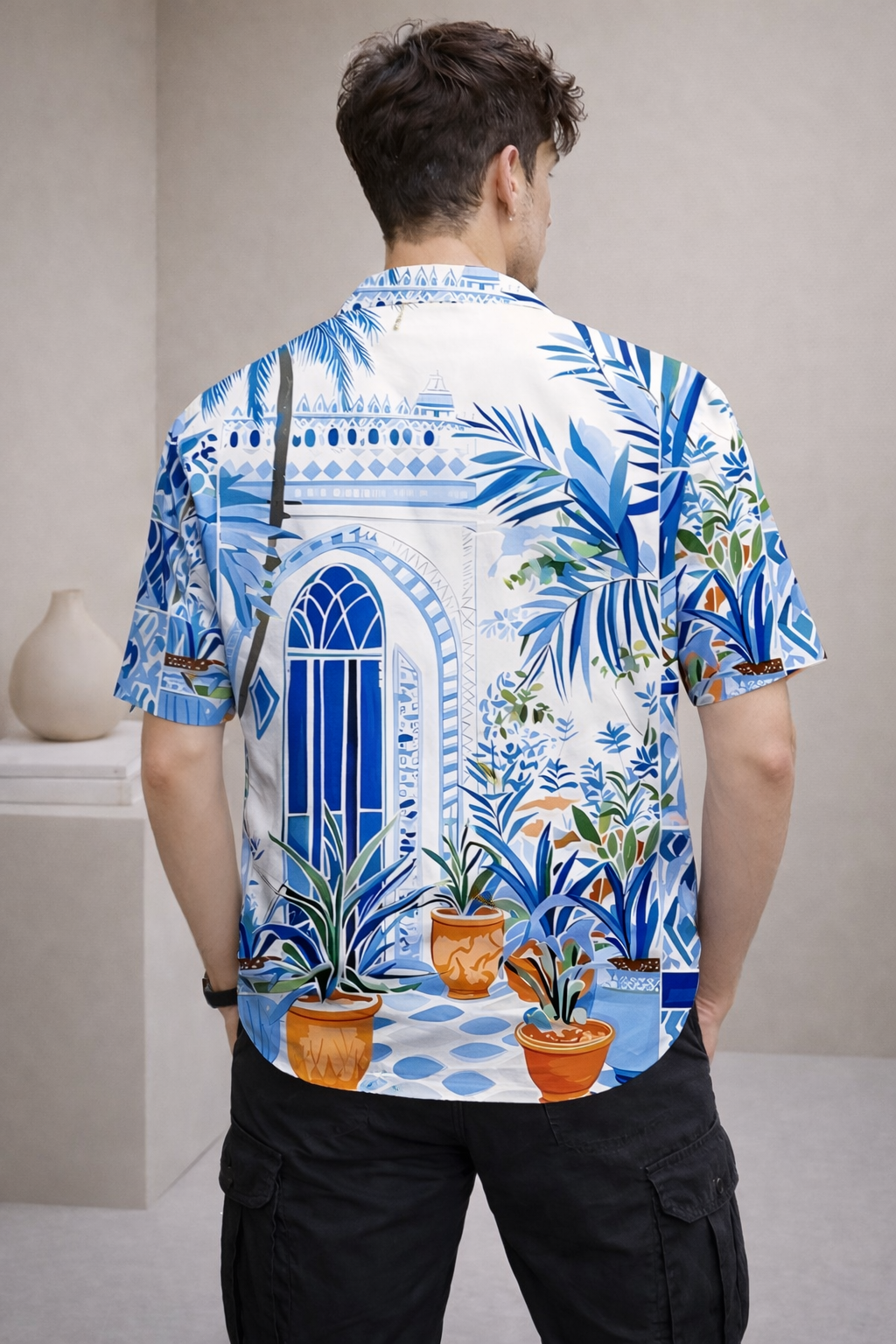 Men’s Blue Tropical Print Camp Collar Shirt