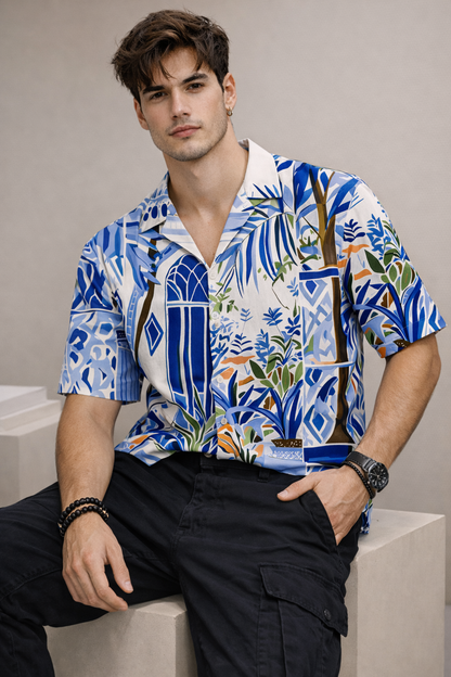 Men’s Blue Tropical Print Camp Collar Shirt