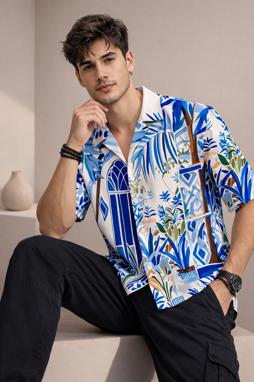 Men’s Blue Tropical Print Camp Collar Shirt