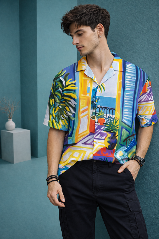 Men’s Multicolor Artistic Print Camp Collar Shirt