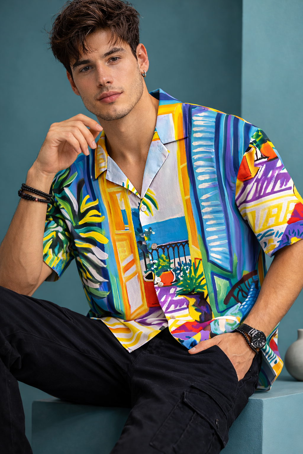 Men’s Multicolor Artistic Print Camp Collar Shirt