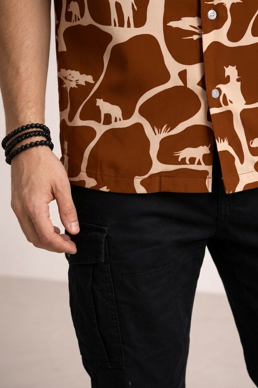 Men’s Brown Safari Print Camp Collar Shirt