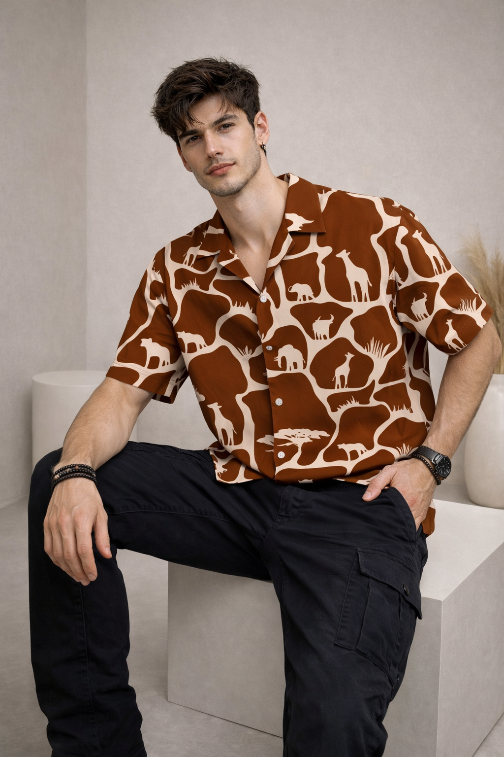 Men’s Brown Safari Print Camp Collar Shirt