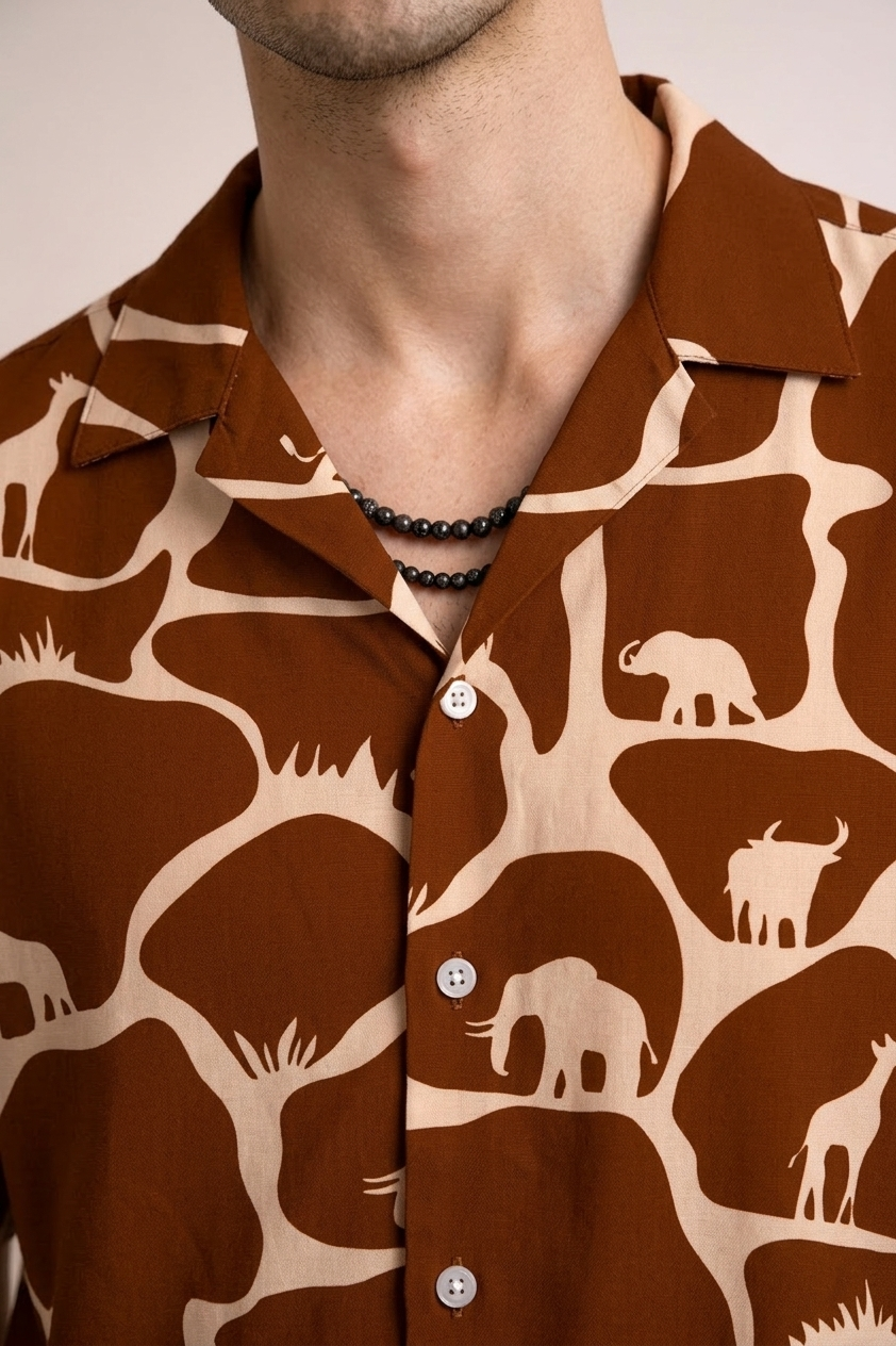 Men’s Brown Safari Print Camp Collar Shirt