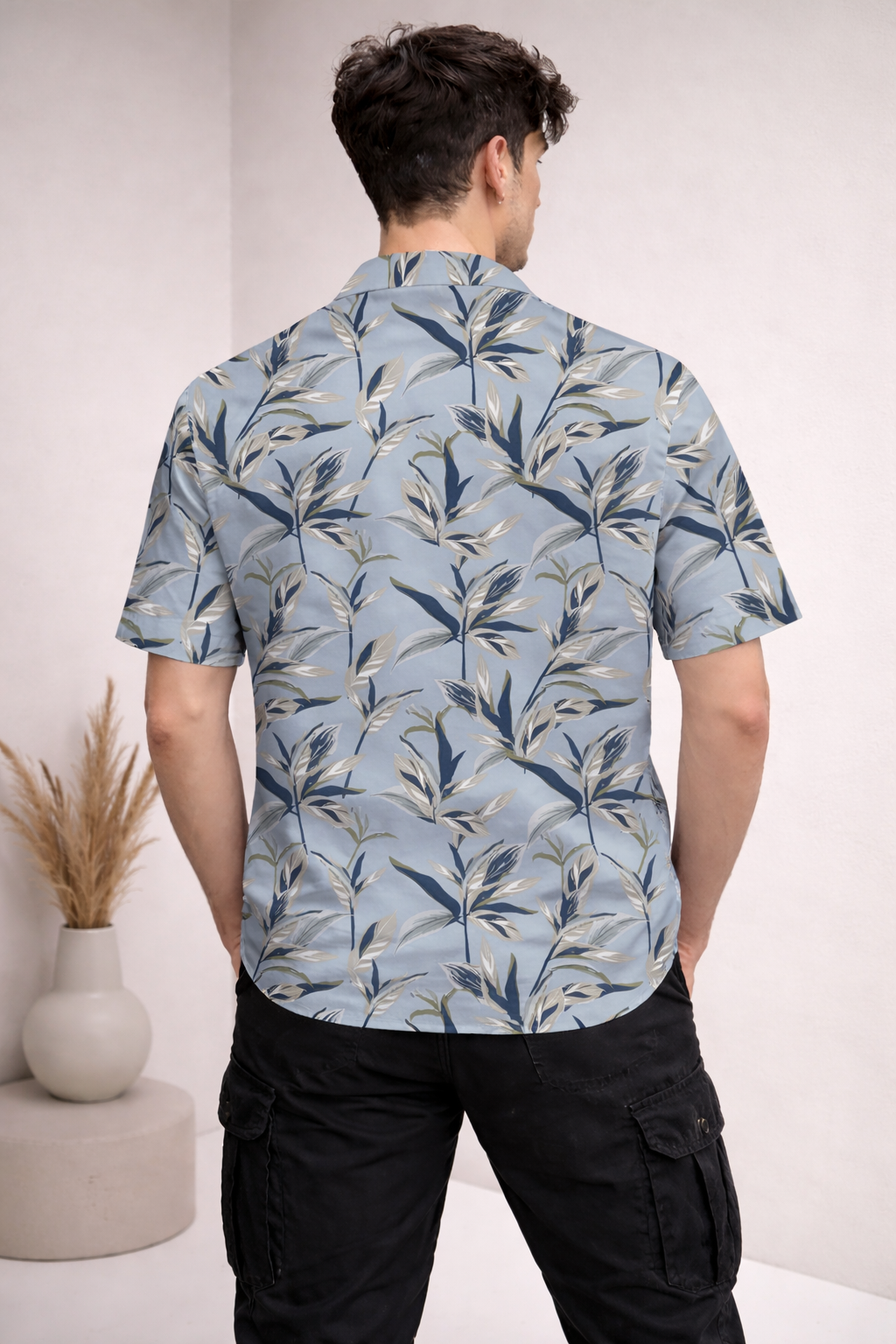 Men’s Light Grey Floral Print Camp Collar Shirt