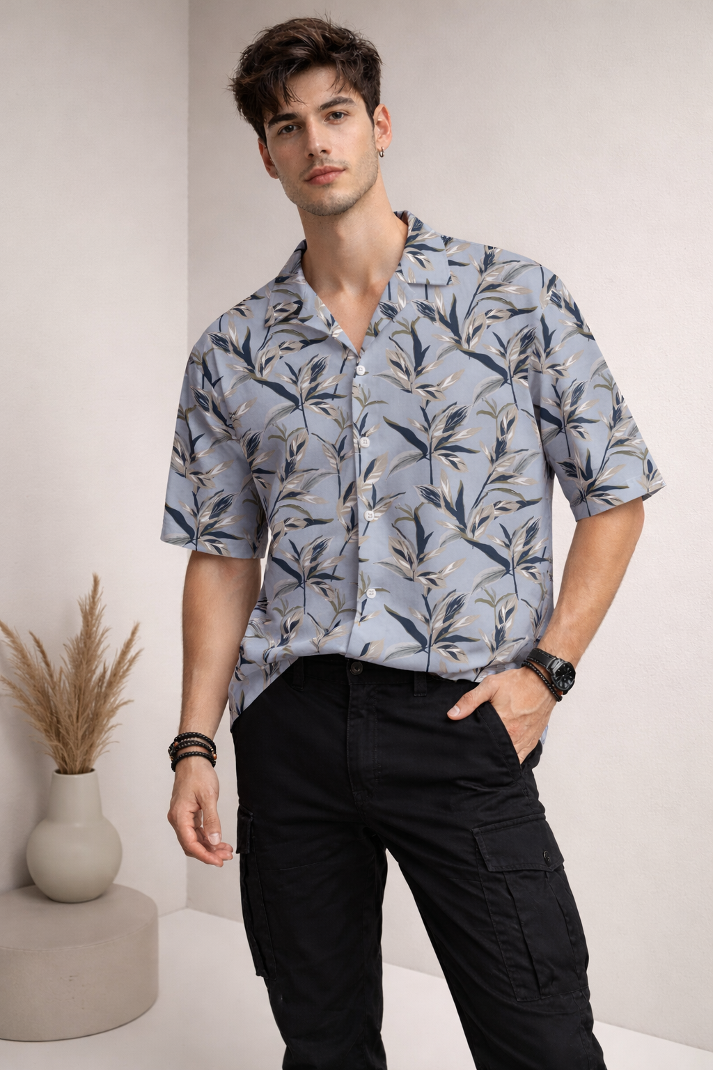 Men’s Light Grey Floral Print Camp Collar Shirt