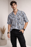 Men’s Light Grey Floral Print Camp Collar Shirt
