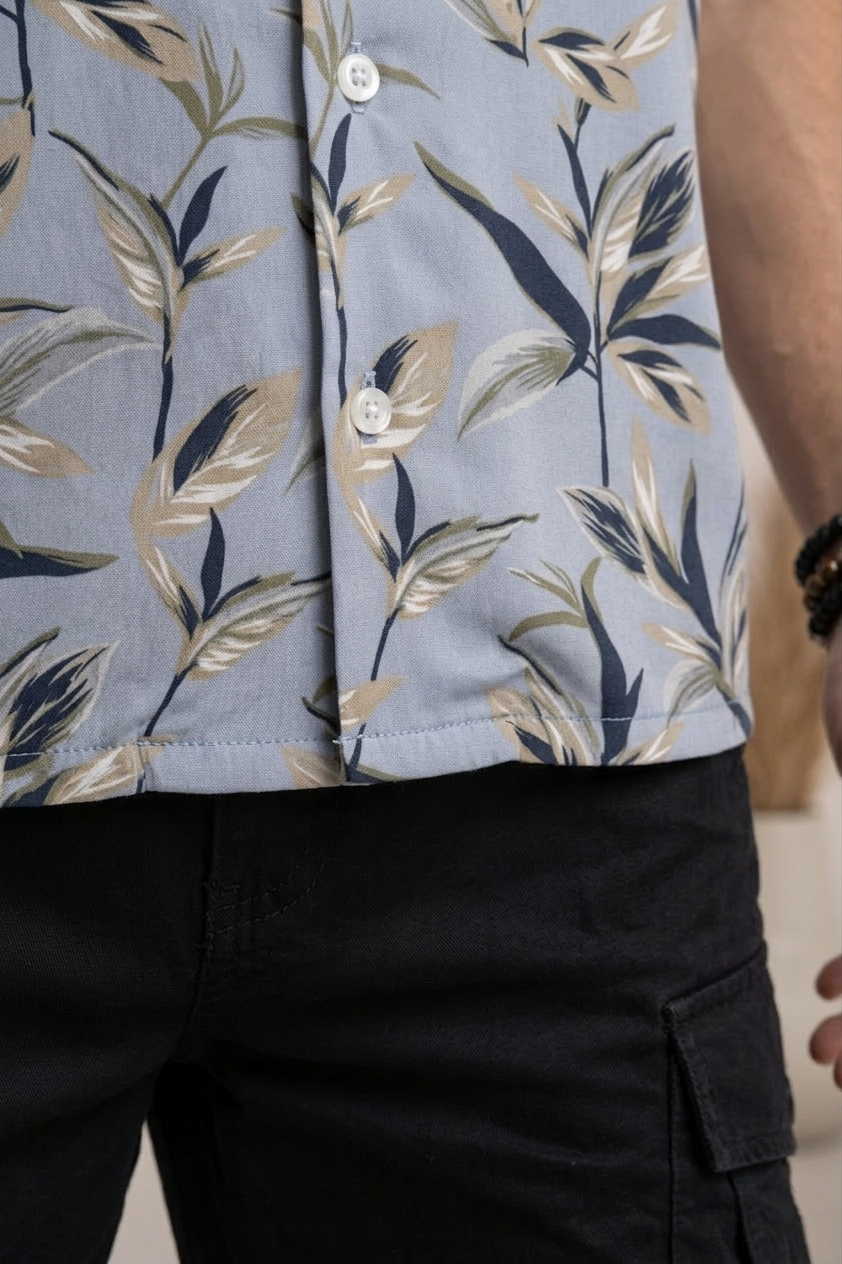 Men’s Light Grey Floral Print Camp Collar Shirt
