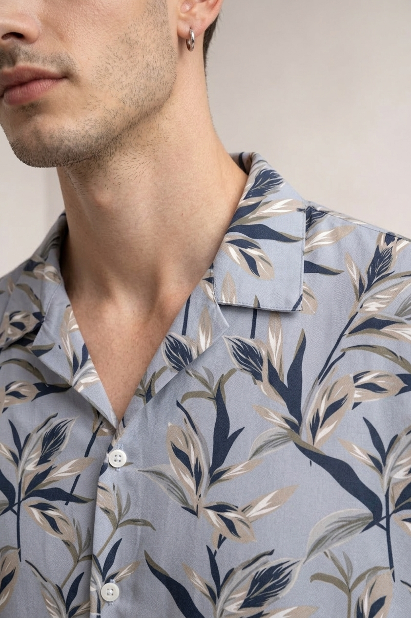 Men’s Light Grey Floral Print Camp Collar Shirt