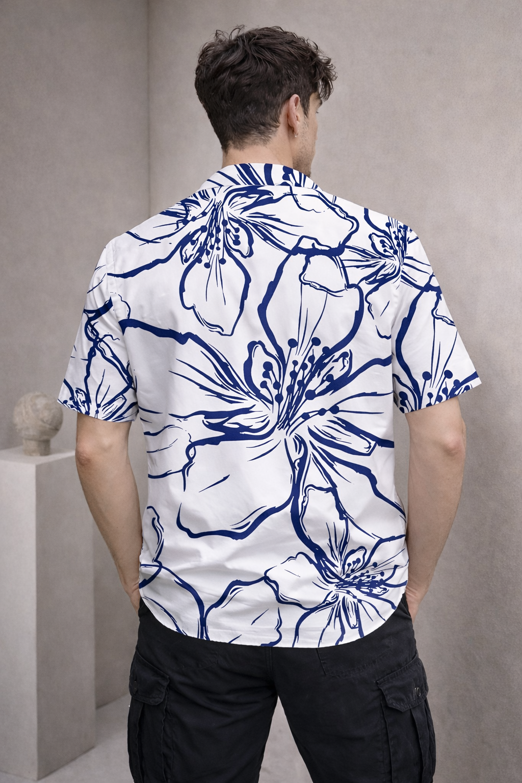 Men’s White & Blue Floral Print Camp Collar Shirt