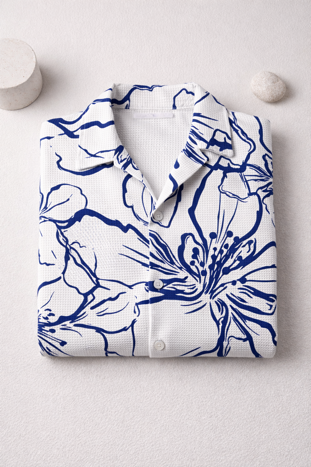 Men’s White & Blue Floral Print Camp Collar Shirt