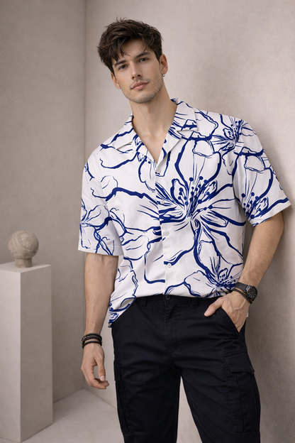 Men’s White & Blue Floral Print Camp Collar Shirt