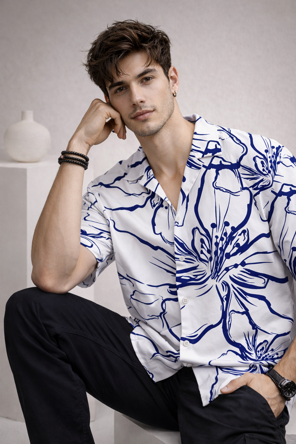 Men’s White & Blue Floral Print Camp Collar Shirt