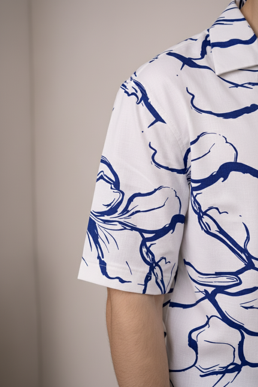 Men’s White & Blue Floral Print Camp Collar Shirt