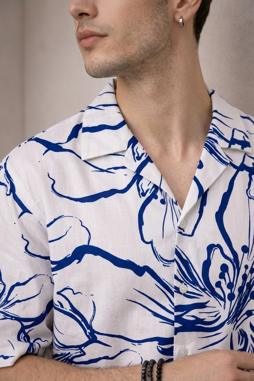 Men’s White & Blue Floral Print Camp Collar Shirt