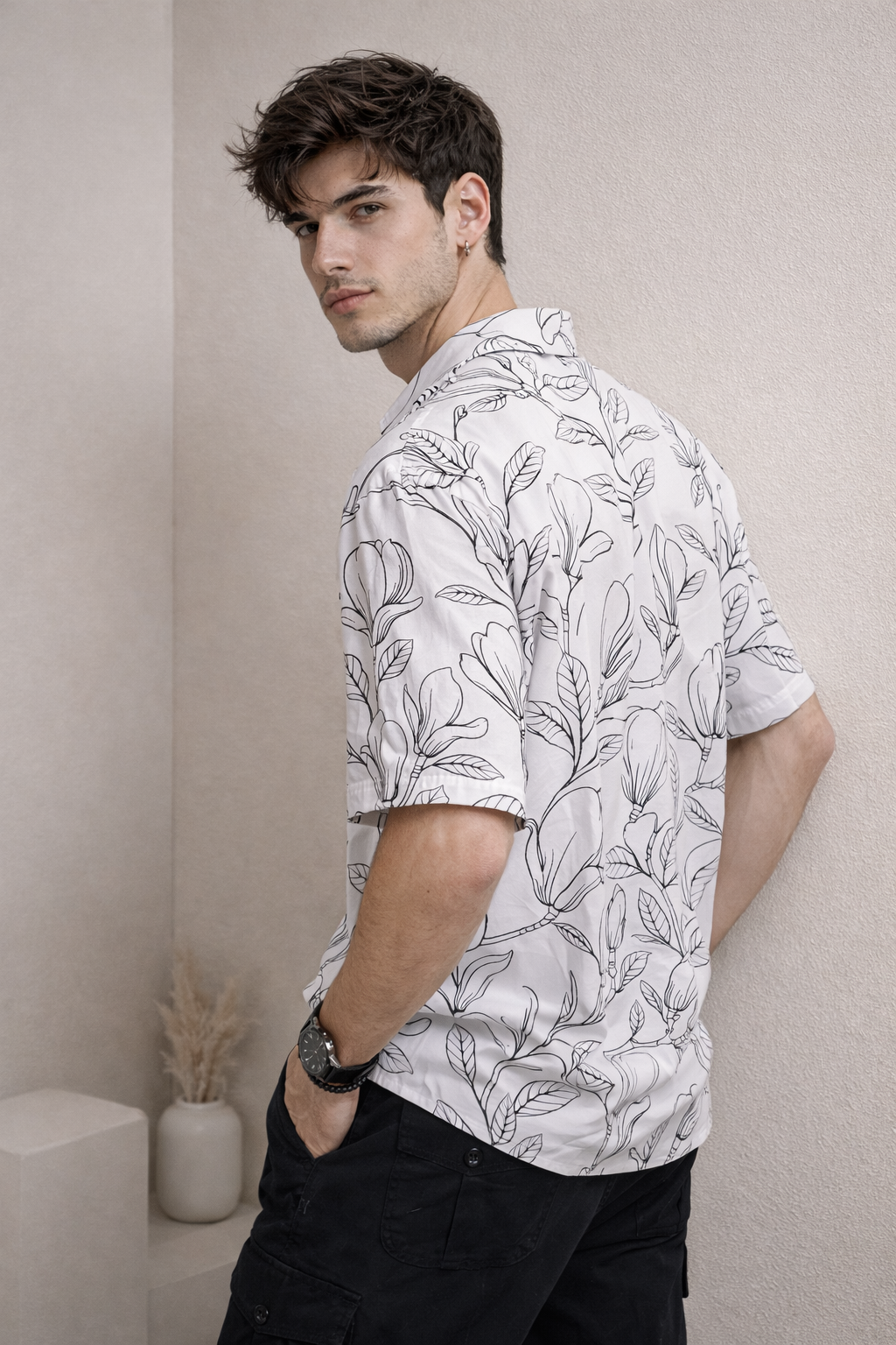 Men’s White Floral Line Art Camp Collar Shirt