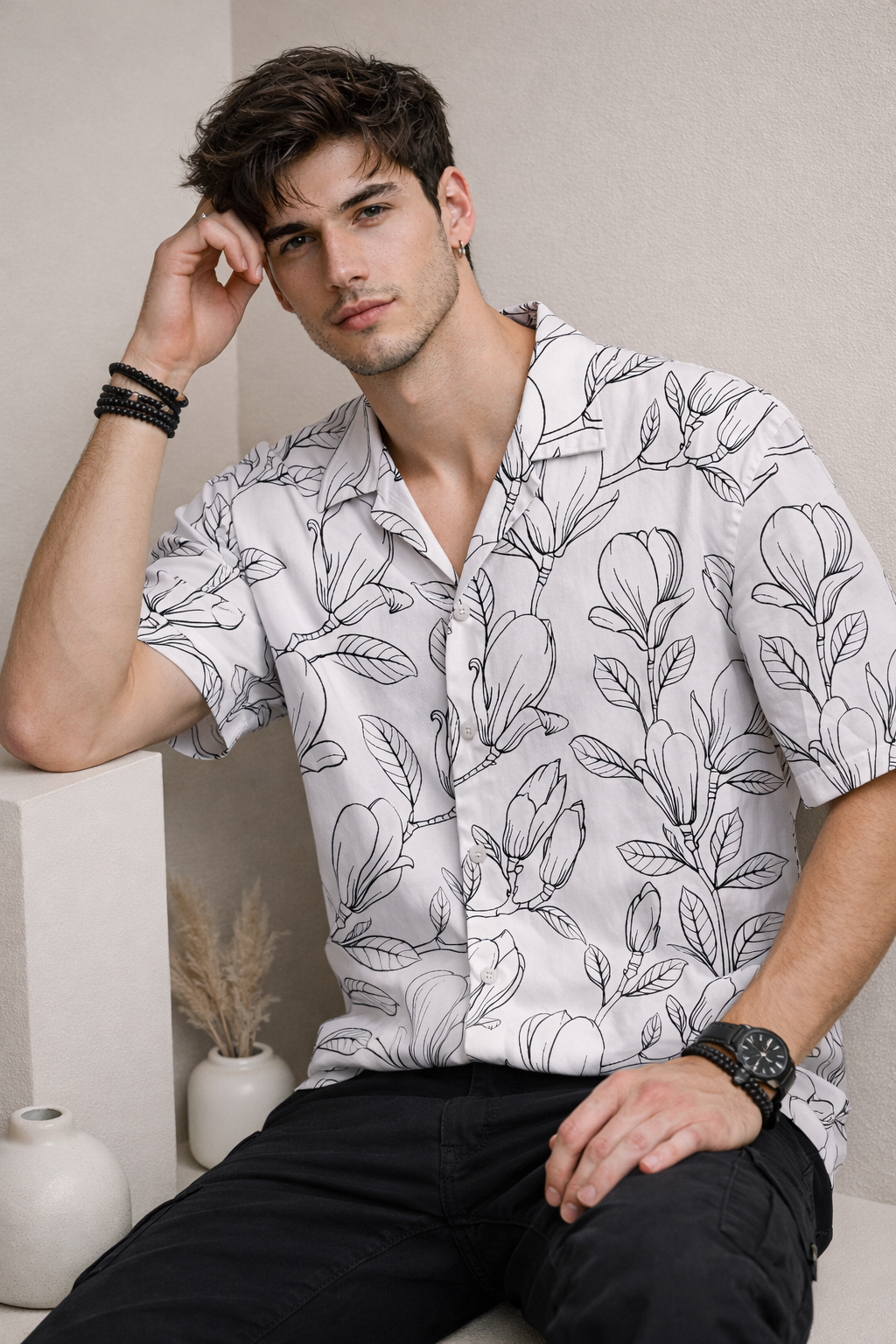 Men’s White Floral Line Art Camp Collar Shirt