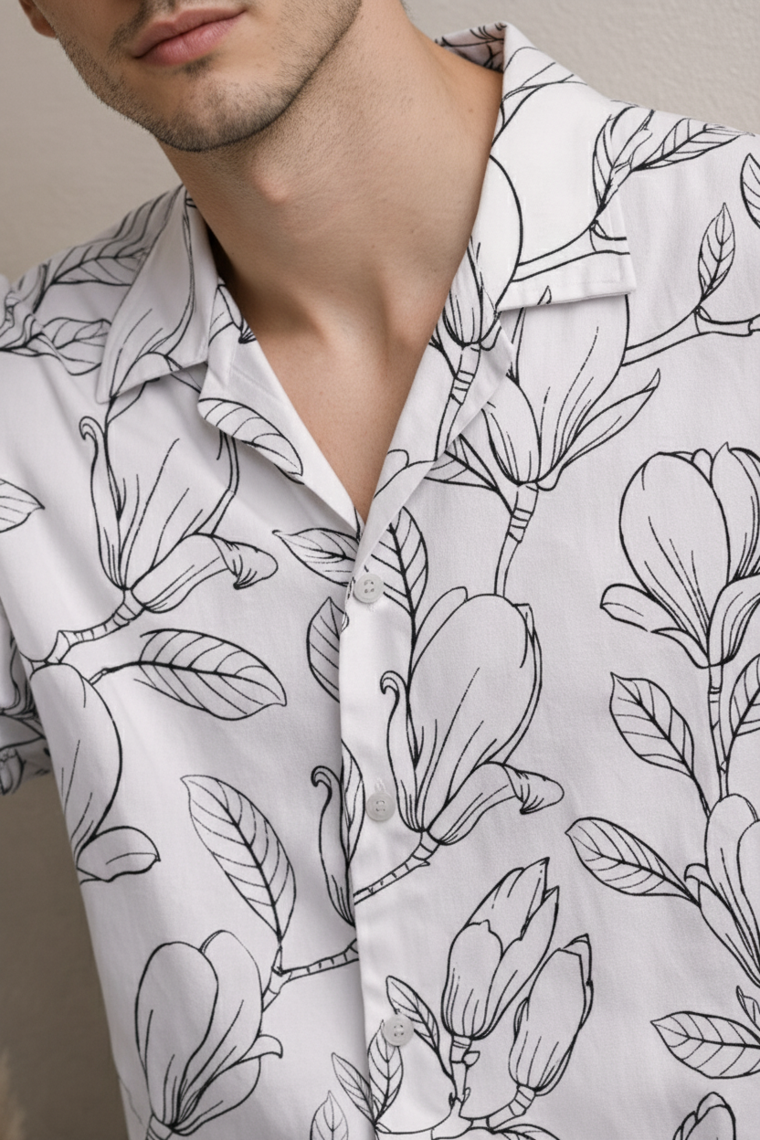 Men’s White Floral Line Art Camp Collar Shirt