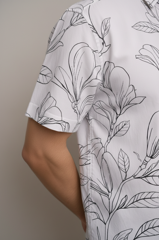 Men’s White Floral Line Art Camp Collar Shirt
