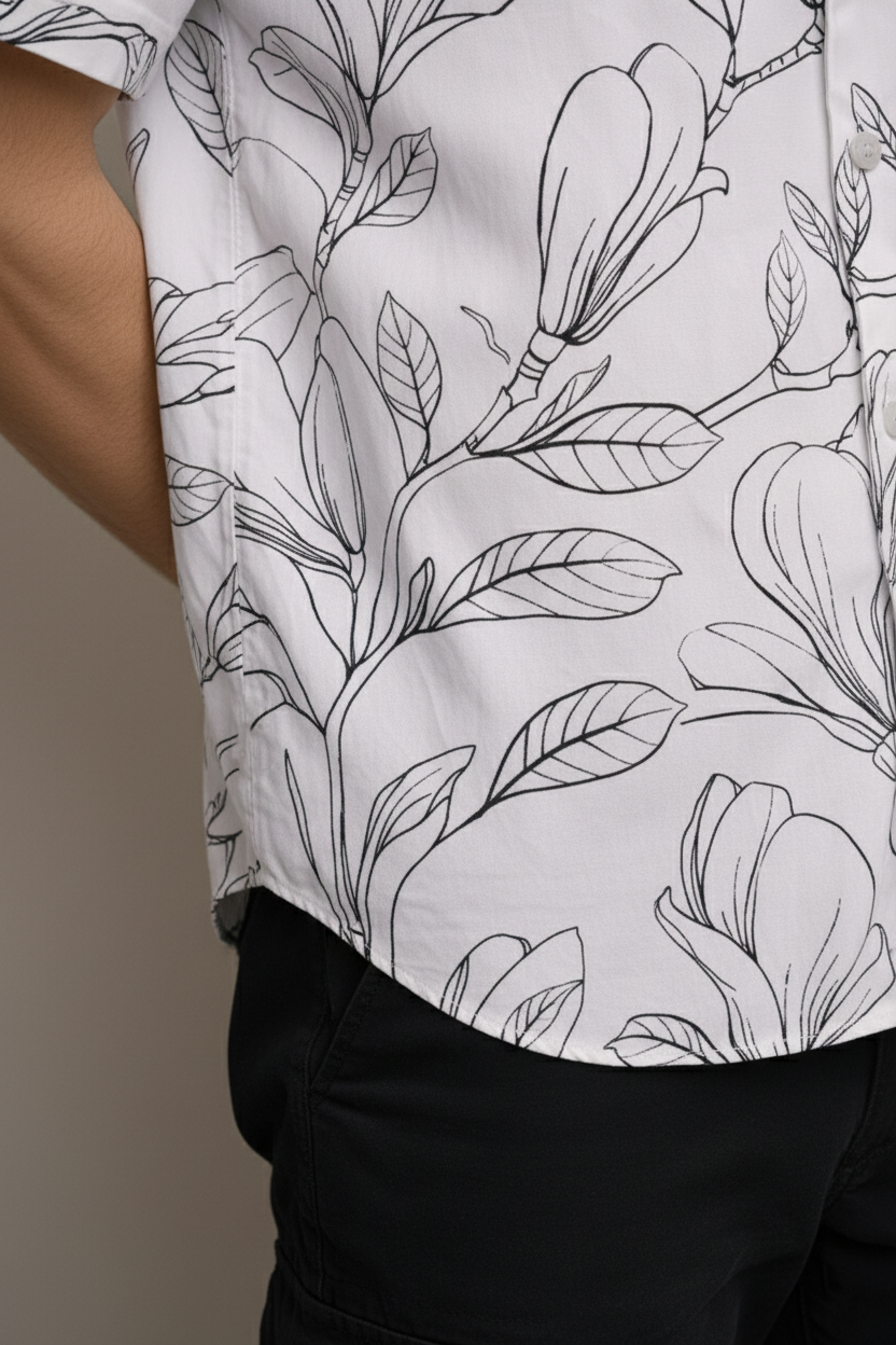 Men’s White Floral Line Art Camp Collar Shirt