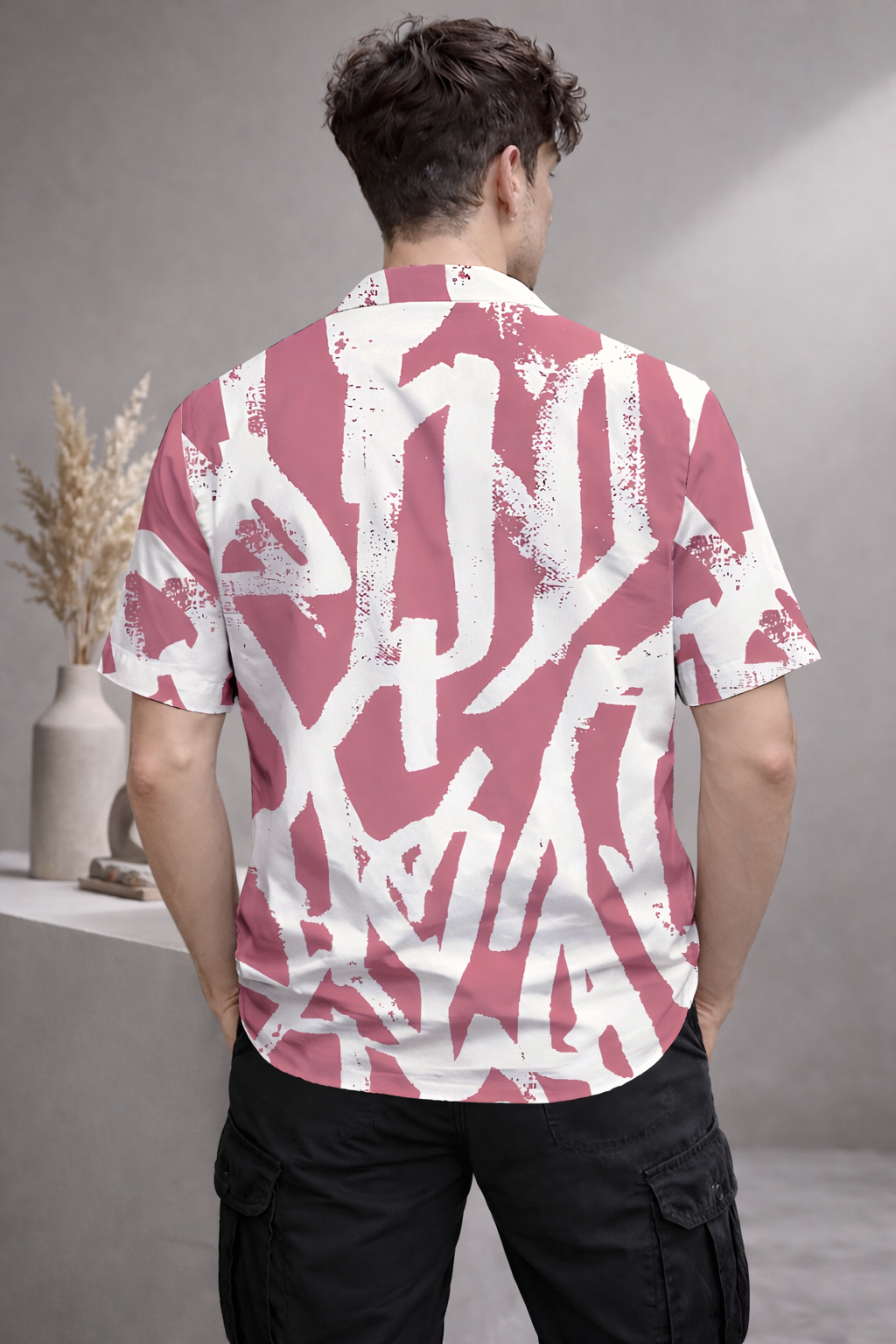 Men’s Pink Abstract Print Camp Collar Shirt