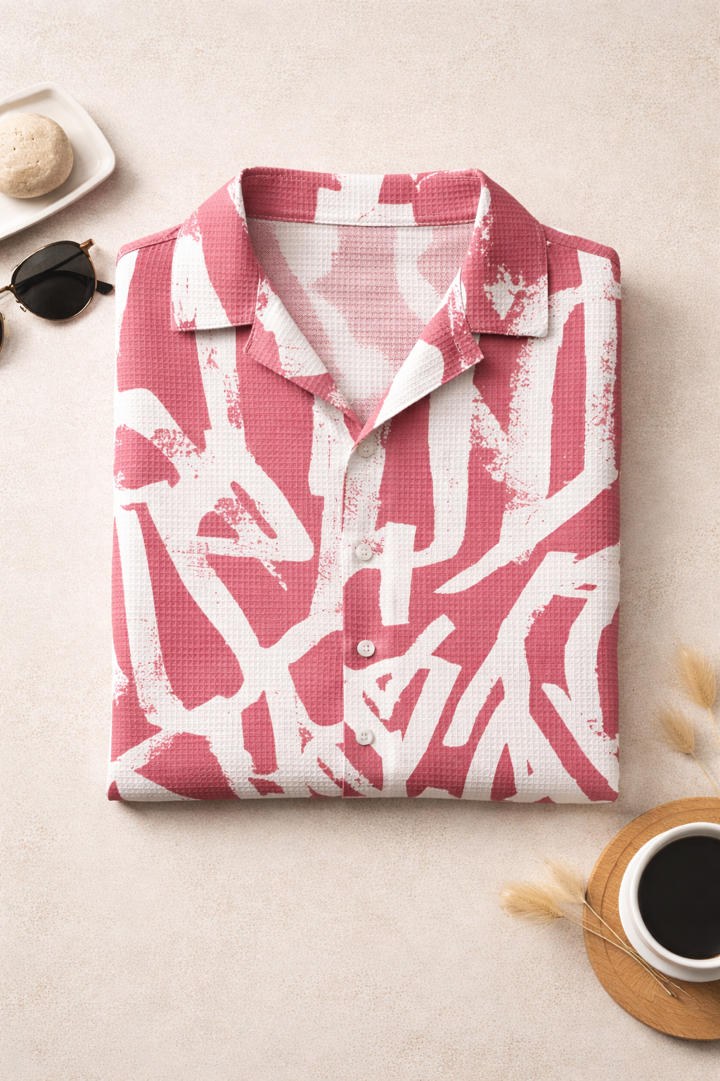 Men’s Pink Abstract Print Camp Collar Shirt