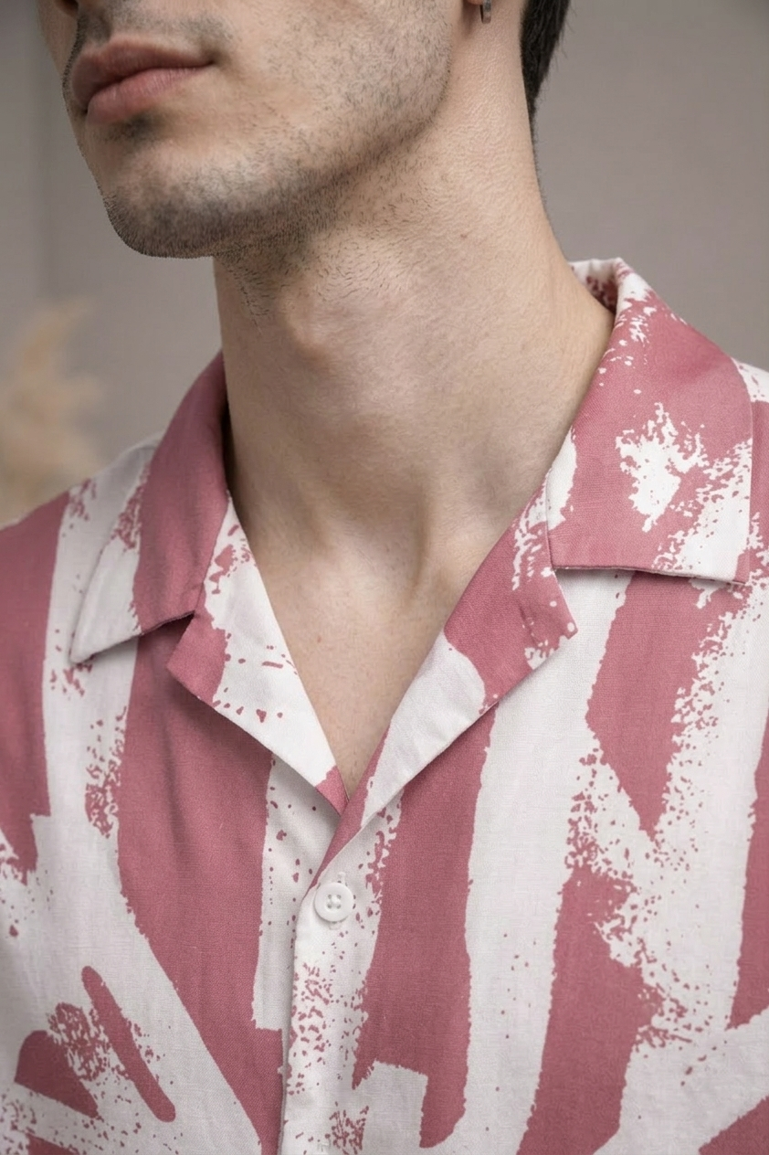 Men’s Pink Abstract Print Camp Collar Shirt
