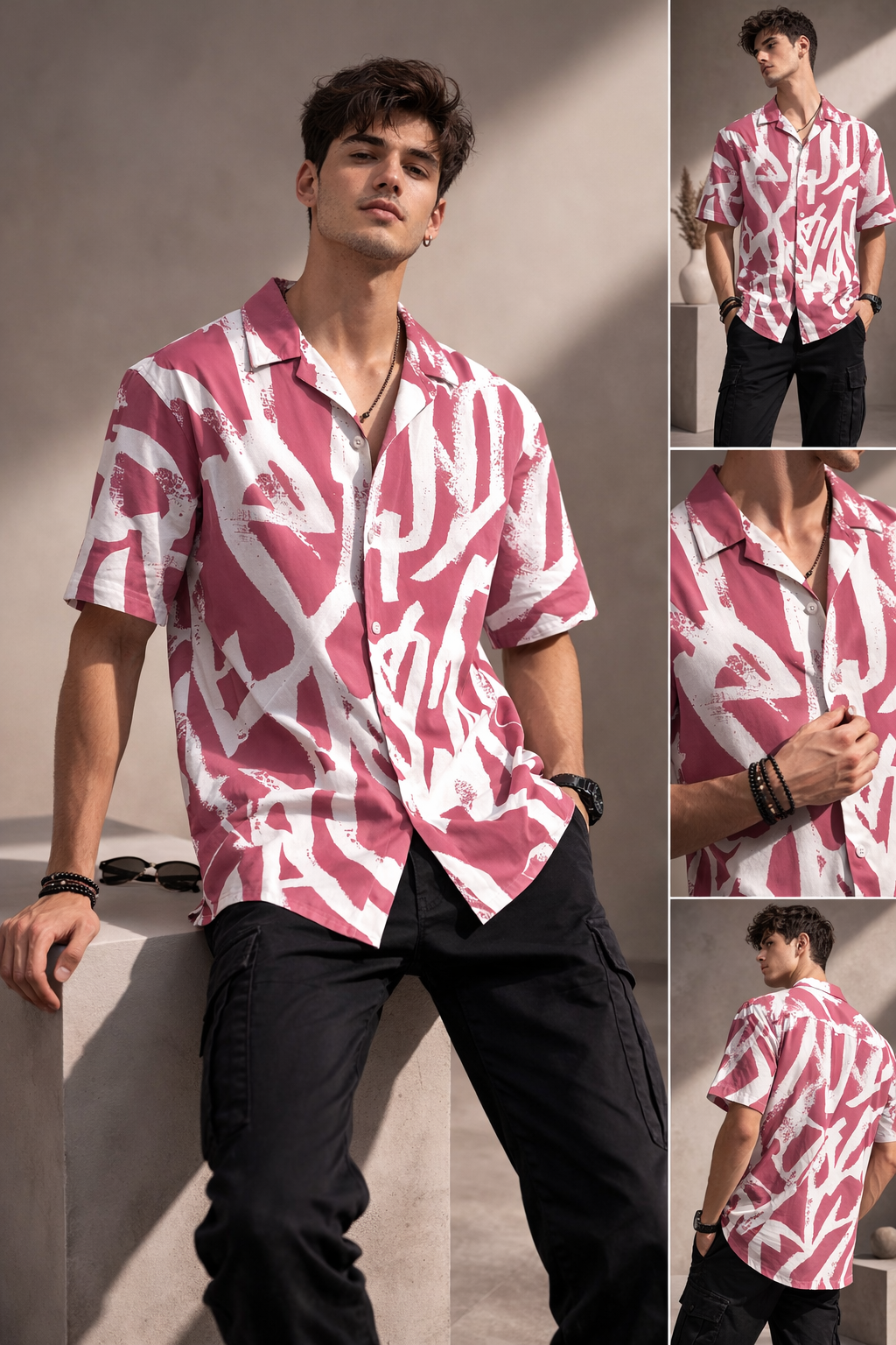 Men’s Pink Abstract Print Camp Collar Shirt