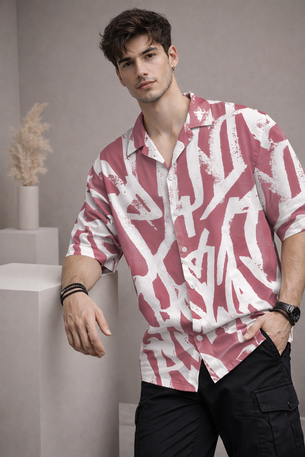 Men’s Pink Abstract Print Camp Collar Shirt