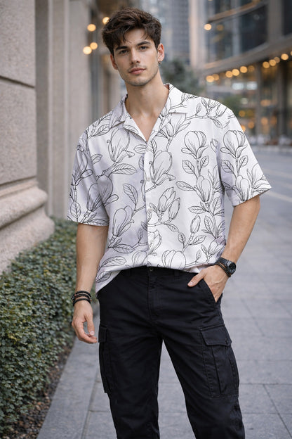 Men’s White Floral Line Art Camp Collar Shirt