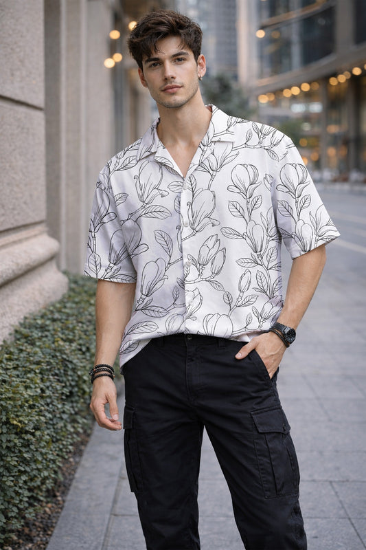 Men’s White Floral Line Art Camp Collar Shirt