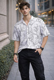 Men’s White Floral Line Art Camp Collar Shirt