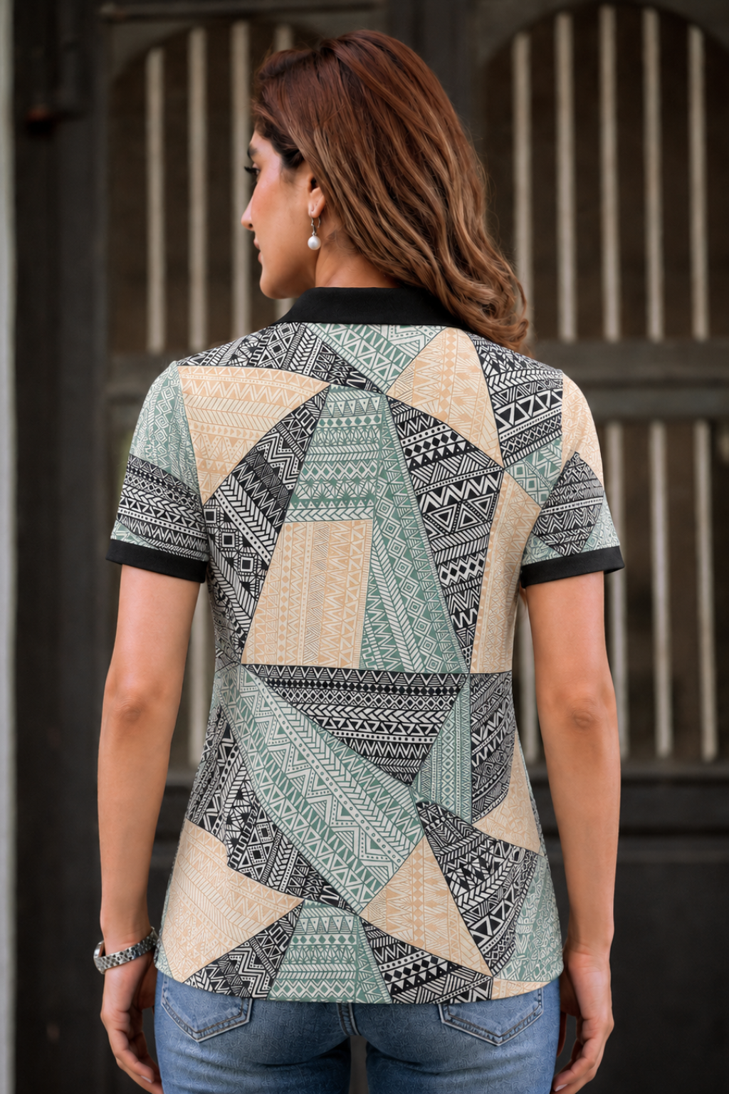 Women’s Geometric Printed Polo T-Shirt with Black Collar