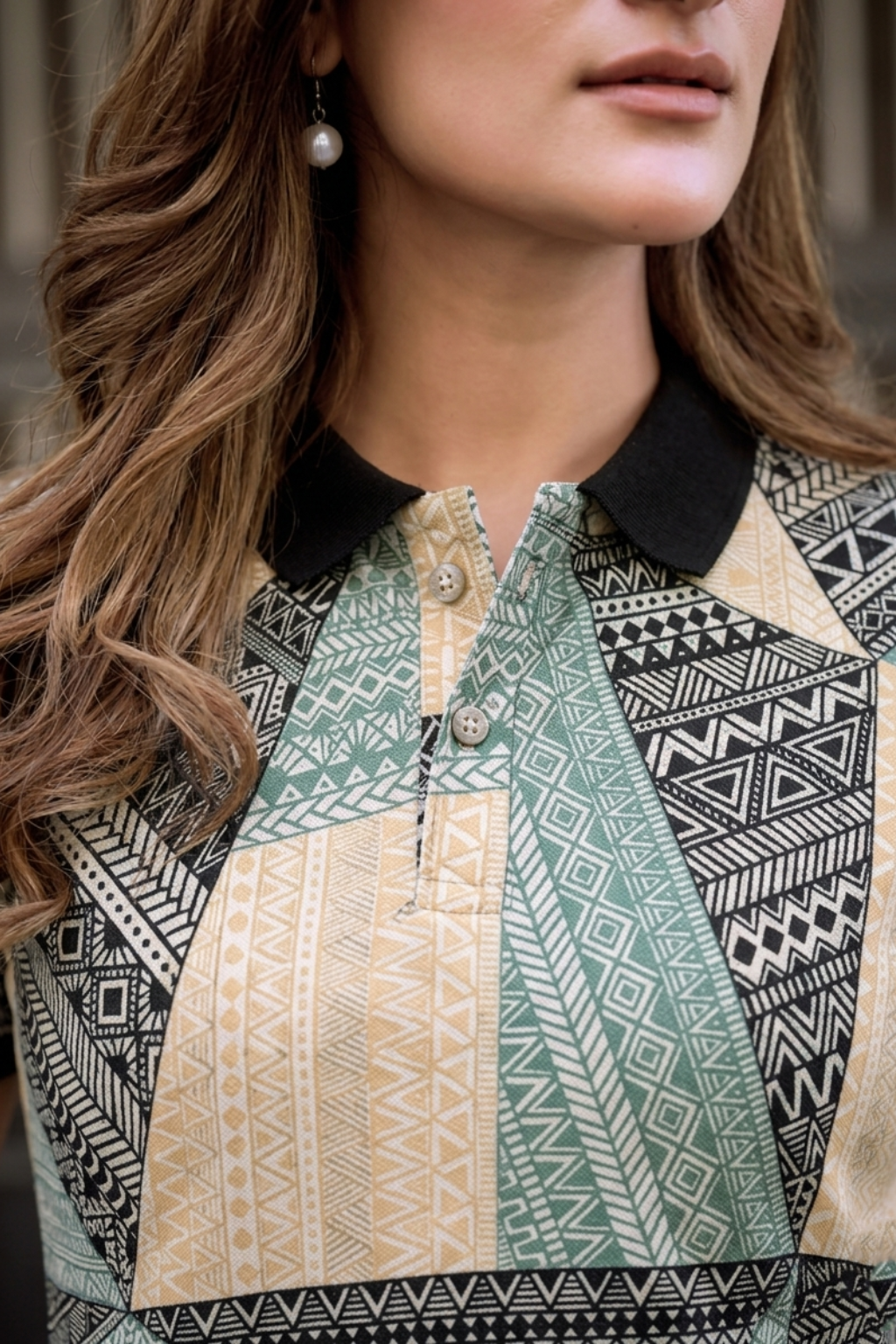 Women’s Geometric Printed Polo T-Shirt with Black Collar