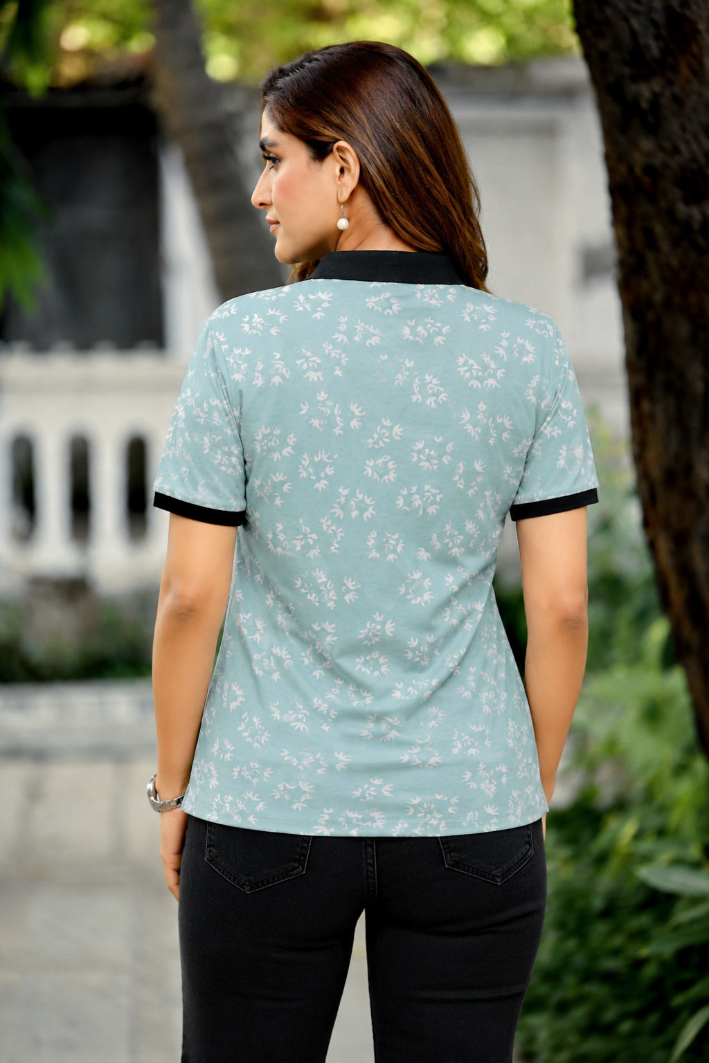 Women Sky Blue Floral Printed Polo T-Shirt