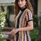 Women Multicolor Striped Printed Polo T-Shirt with Black Collar
