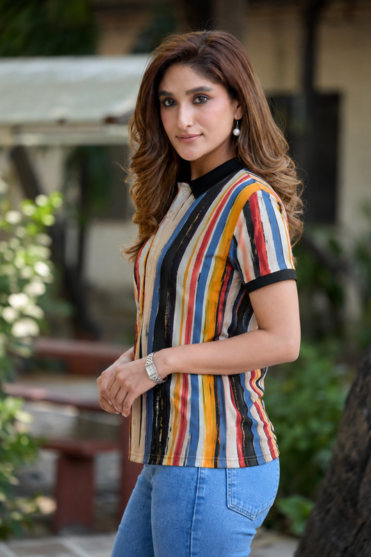 Women Multicolor Striped Printed Polo T-Shirt with Black Collar