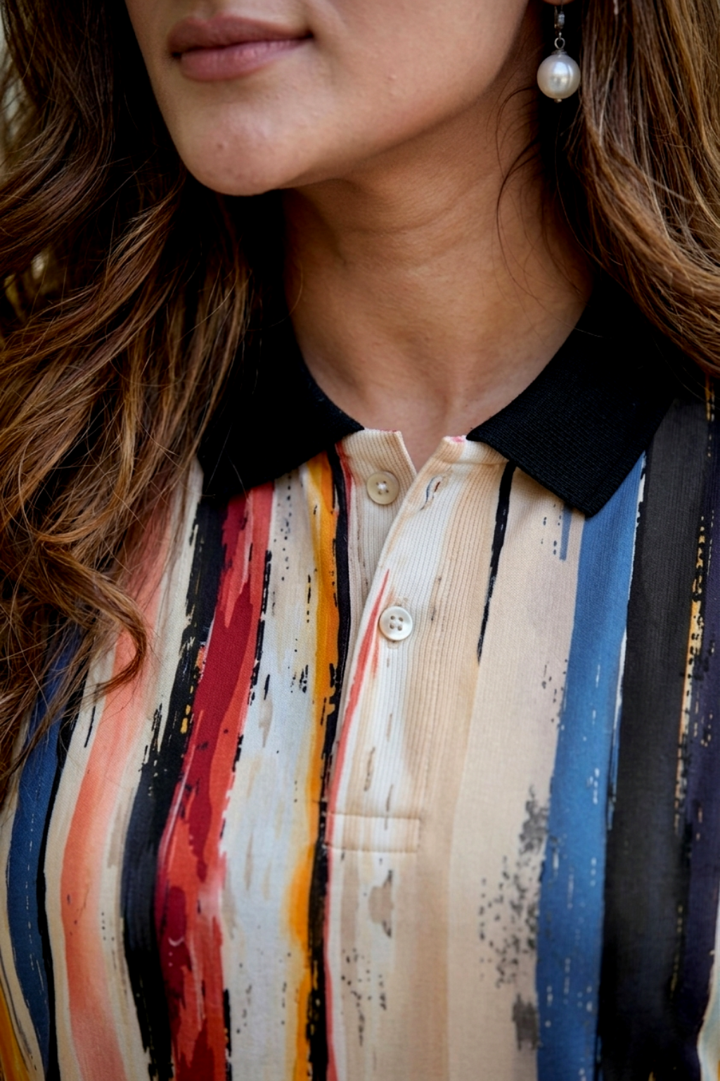 Women Multicolor Striped Printed Polo T-Shirt with Black Collar