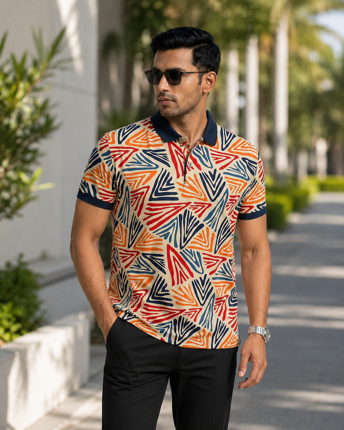 Multicolor Premium Fabric Regular Printed Polo T Shirt For Men