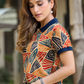 Women Multicolor Abstract Printed Polo T-Shirt with Navy Collar