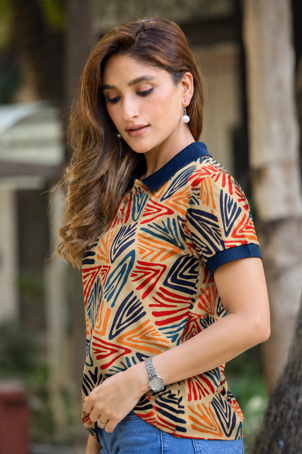 Women Multicolor Abstract Printed Polo T-Shirt with Navy Collar
