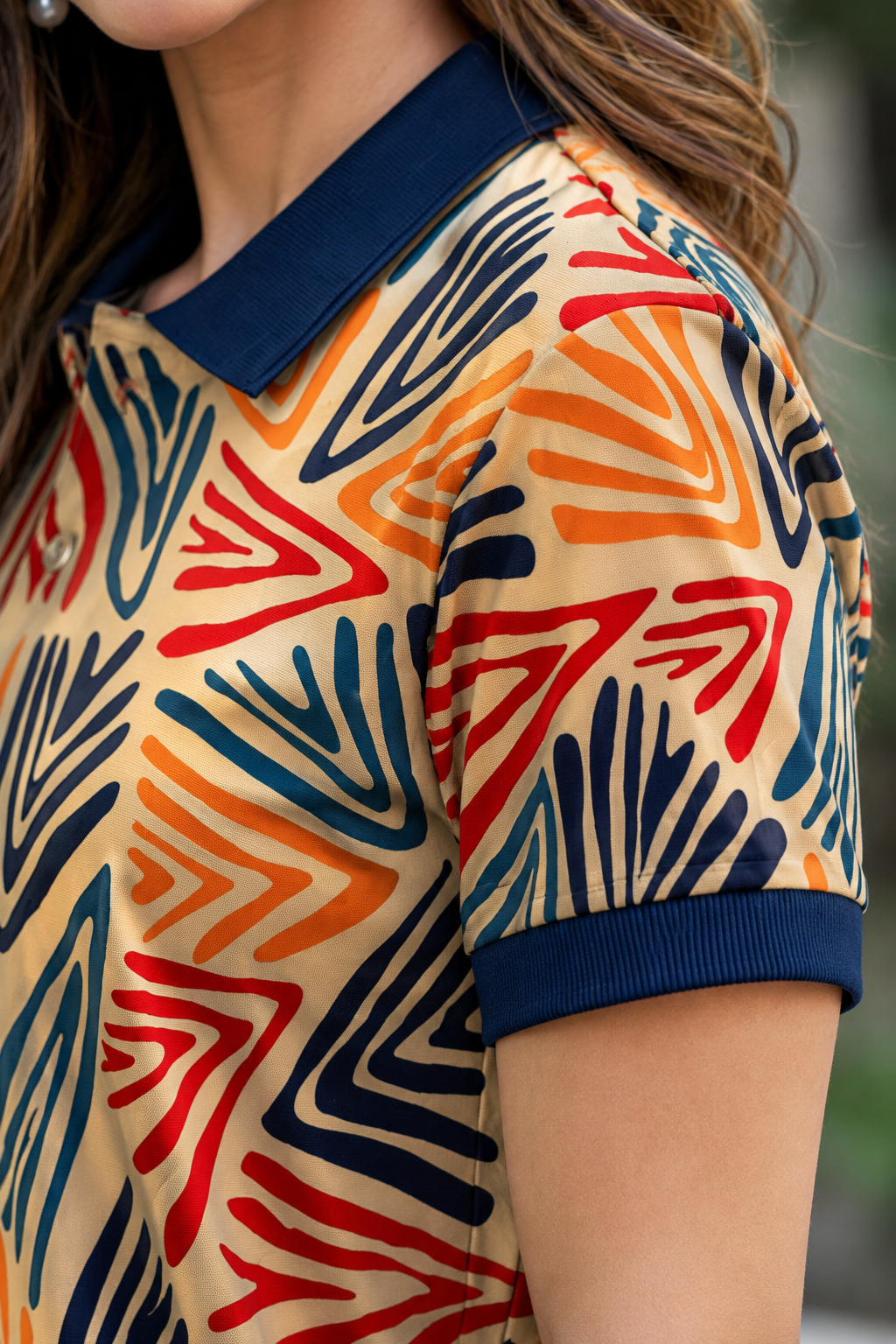 Women Multicolor Abstract Printed Polo T-Shirt with Navy Collar